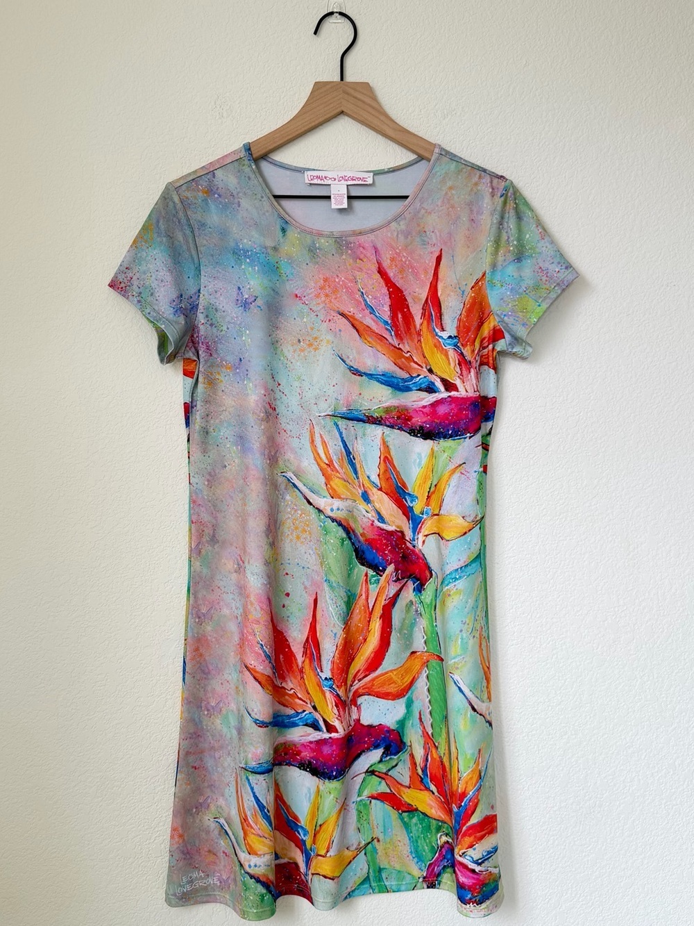 Leoma Love Grove Artsy Bird of Paradise Short Sleeve Mini Dress Size Small